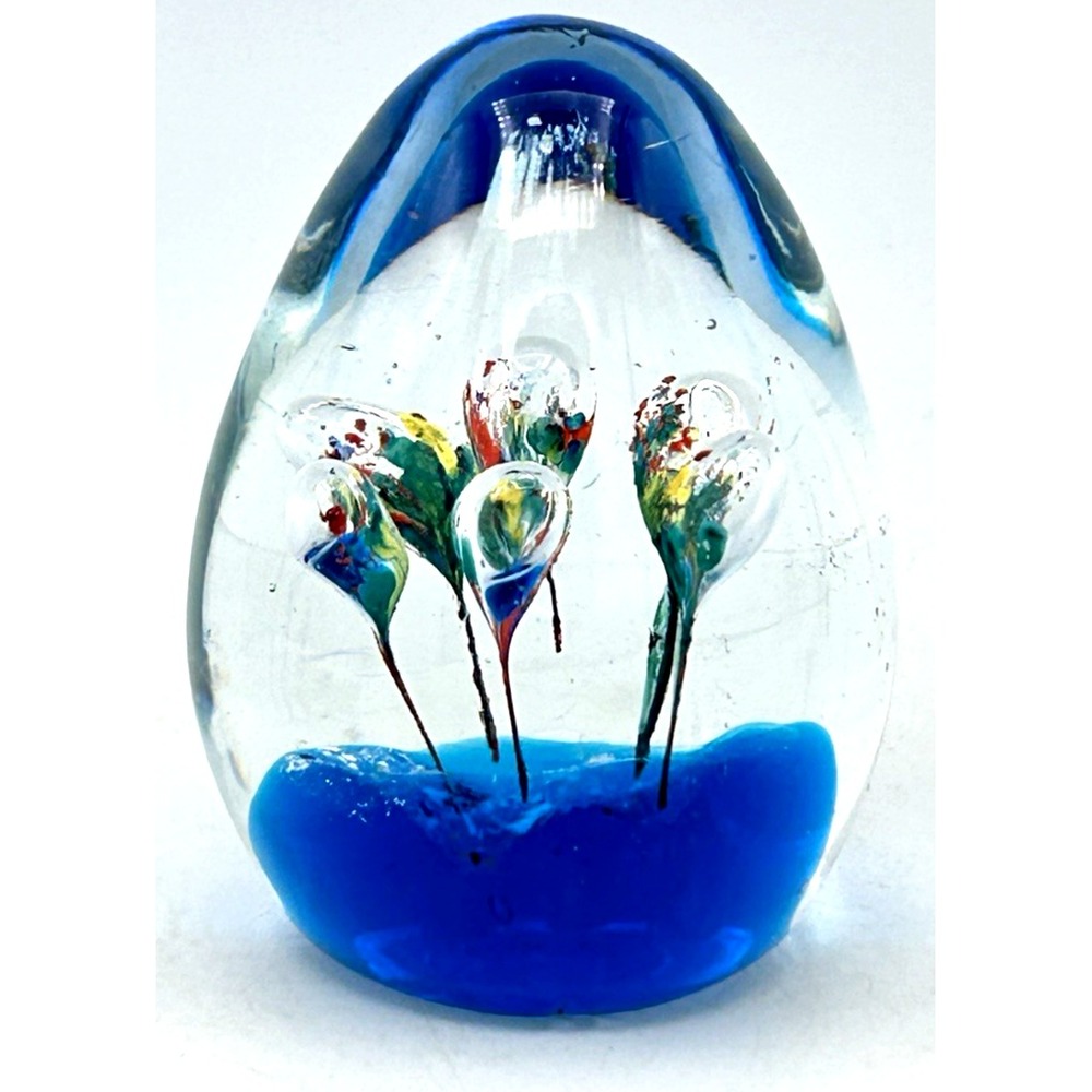 VTG Murano Style Art Glass Paperweight-Egg Multi-Color Controlled Bubbles 3 1/8"